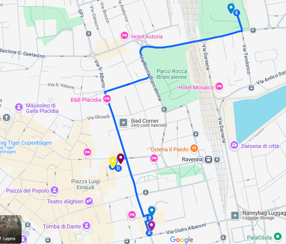 A walking tour map of the Arian sites of Ravenna.