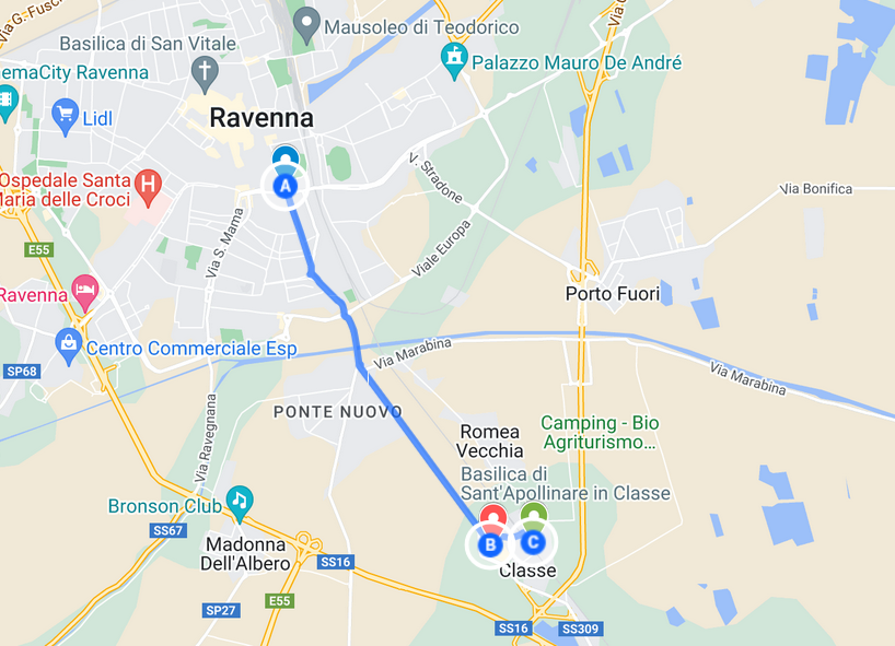 Map of getting from Ravenna to the Basilica in Classe.
