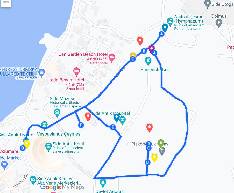 Free walking tour map of Side Ancient City