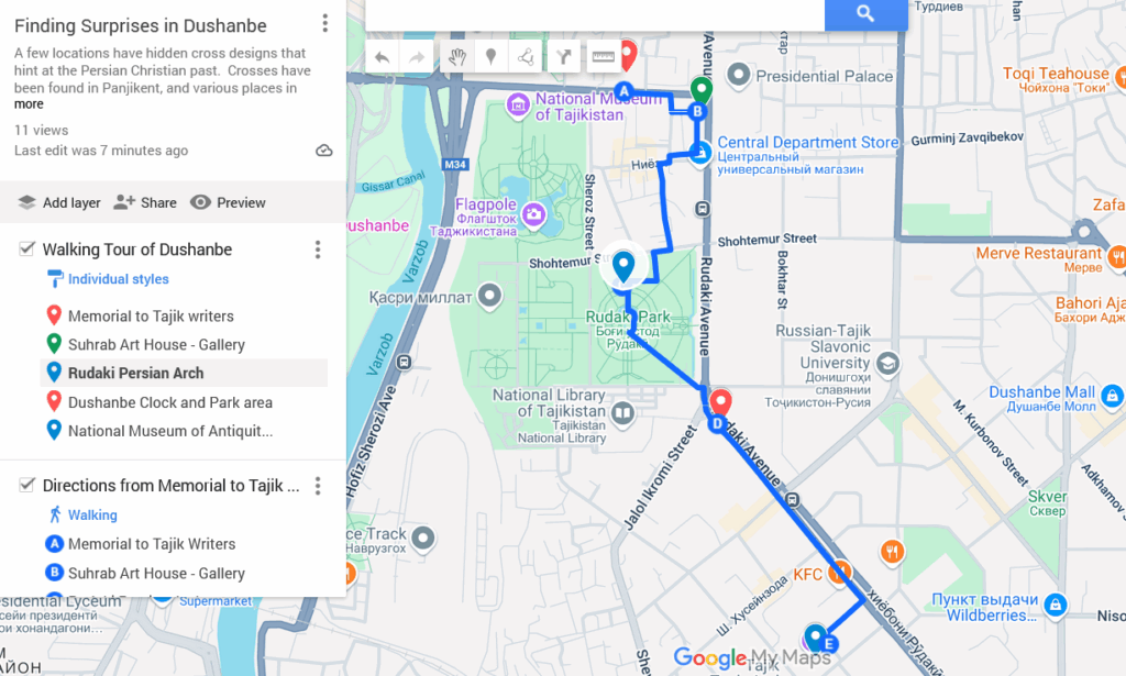 Walking tour map of Dushanbe